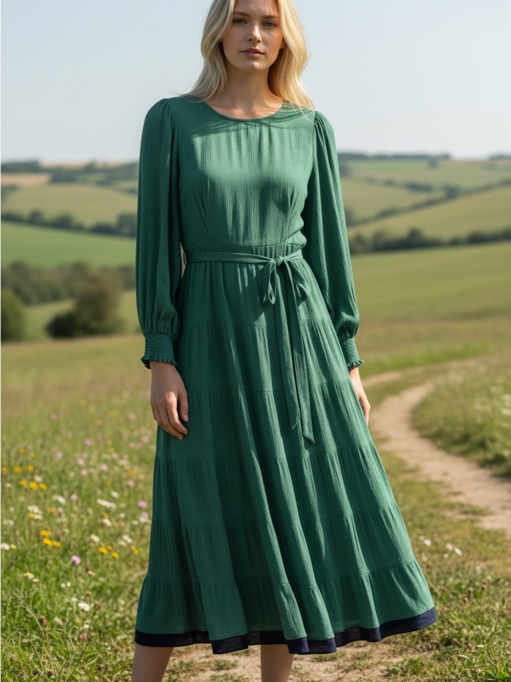 BOGO! Baltic Born Tiered Midi Dress Tie Waist Green Navy Size Medium